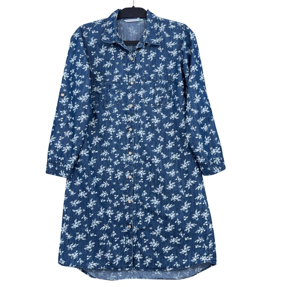 Given Kale Shirt Dress Womens M Cotton Polyester Blue Floral